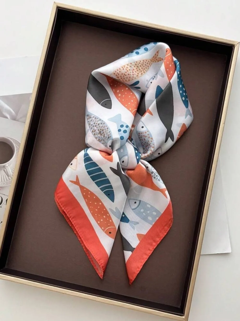 Silk-feel Coral & Navy Fish Pattern Square Scarf - 70*70cm
